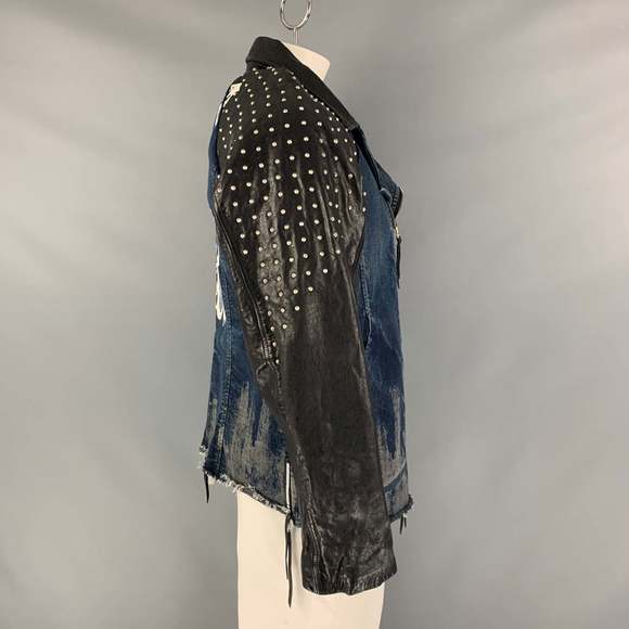 KMRII Black Blue Studded Cotton Spandex Motorcycle Jacket - Picture 2 of 6